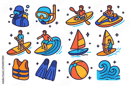 Marine Activities Icons. Marine activities. Colorful isometric vector icons set of marine activities: scuba diving, snorkeling, kayaking, jet skiing,