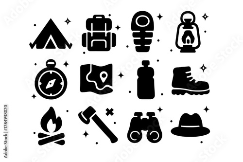Outdoor Gear Icons. Outdoor Gear. Solid icons set of Outdoor Gear: tent, backpack, sleeping bag, lantern, compass, map, water bottle, hiking boots, campfire,