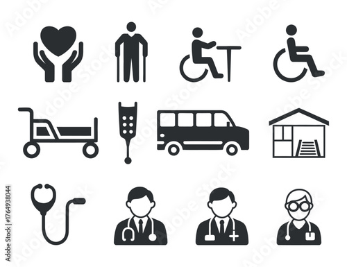 Healthcare Accessibility Vector Icons: Care, Assistance, Medical Staff and Transportation