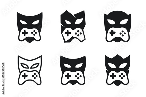 Gamer Logo Variations. Digital avatars. Set Logo of gamer tag: joystick and mask emblem. Icon set. harmonious logo variations of the same emblematic concept,