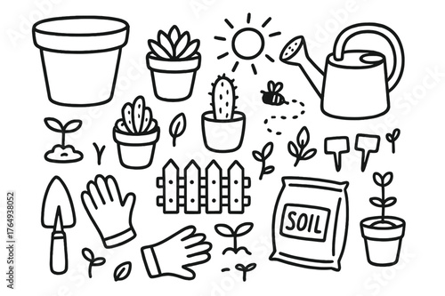 Garden Tools Doodle. Garden pots. Hand-drawn doodle illustration garden pots terracotta pots, succulents, cactus, watering can, trowel, gloves, soil bag, plant