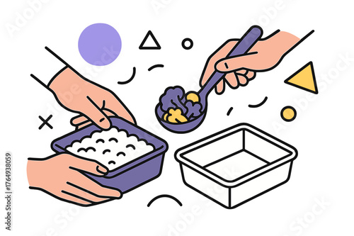 Mindful Food Portioning. Rationing Food. Close-up of hands portioning rice and vegetables into containers with floating abstract geometric shapes, precise and