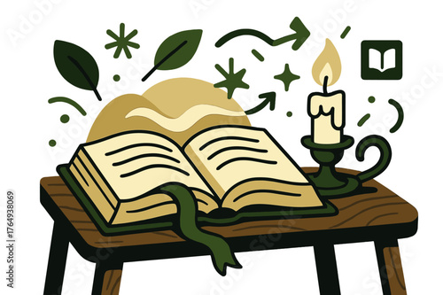 Cozy Reading Nook. Antique Books ? Reading Nook. An open book rests on a wooden table; candlelight curves across the pages. A bookmark ribbon flows like a soft
