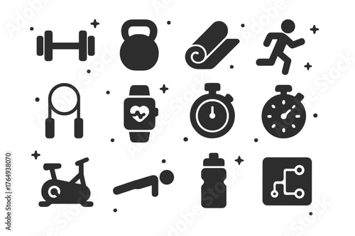 Fitness Icon Set. Fitness Routine. Solid icons set of Fitness Routine: dumbbell, kettlebell, yoga mat, person running, jump rope, heart rate monitor,