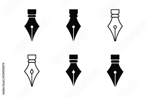 Creative Calligraphy Logos. Modern calligraphy. Set Logo of pointed nib: dip pen nib and holder. Icon set. harmonious logo variations of the same emblematic