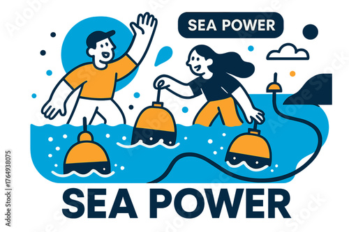 Sea Power Floats. Tidal & Wave Energy. Bobbing floats rhythmically pump as a submarine cable snakes to shore; a tag says ?Sea Power.? Foam dots sparkle around