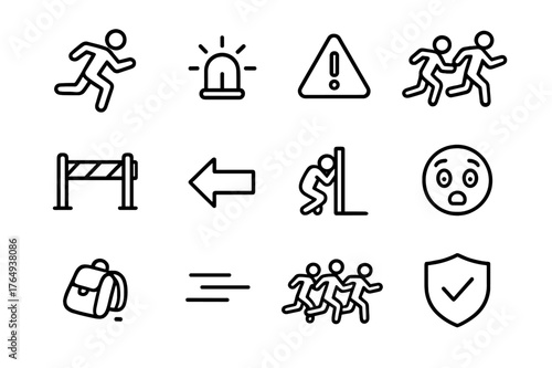 Fleeing Icon Set. Fleeing from Danger. Line icon set of Fleeing from Danger: running person, siren light, warning triangle, chasing figure, barrier, exit