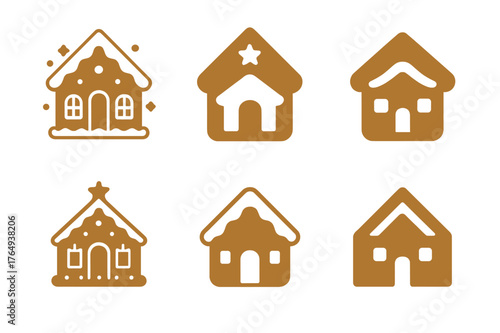 Festive Market Logos. Christmas market and festive decorations. Set Logo of Christmas market and festive decorations: a gingerbread cookie house with icing