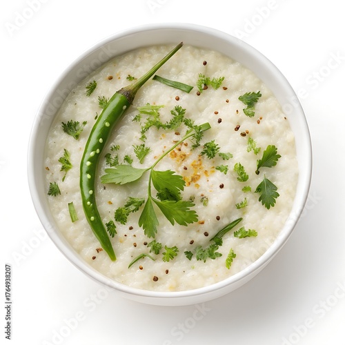 Indian Summer Rice Dish on a white bowl top down view with white background