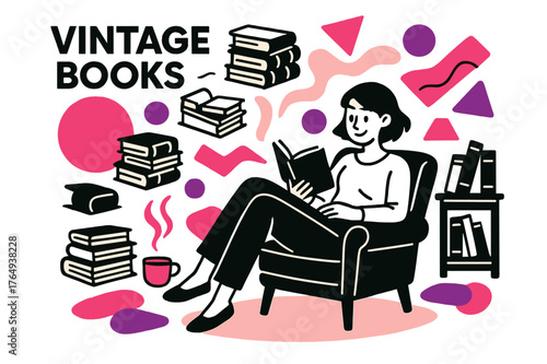 Cozy Vintage Reading Nook. Vintage Books. Cozy reading nook with vintage books and floating abstract geometric accents, warm and inviting scene. Modern