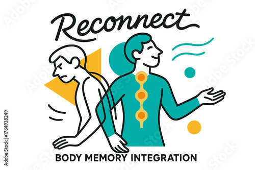 Body Memory Integration. Body Memory Integration. Overlapping outlines show posture shift from tension to ease; glowing core circles align spine to heart.