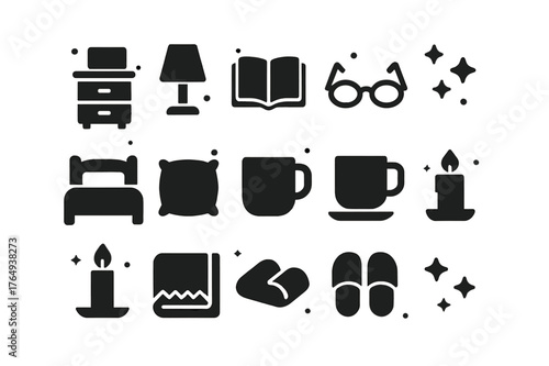 Bedtime Reading Icons. Reading Before Bed. Solid icons set of Reading Before Bed: nightstand, lamp, book, glasses, bed, pillow, mug, alarm clock, candle,