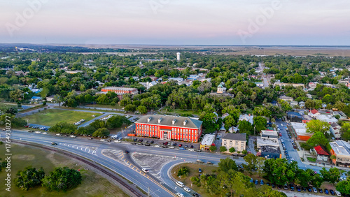 Photos Aerial landscape of coastal downtown Brunswick city summer sunset in southeast c