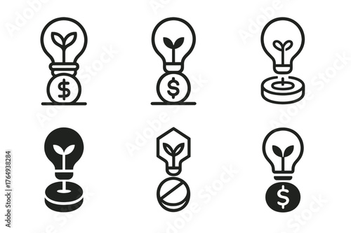Entrepreneurial Lightbulb Logos. Entrepreneurship. Set Logo of Entrepreneurship: lightbulb sprouting from coin. harmonious logo variations of the
