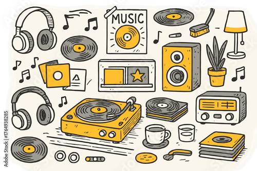 Retro Music Doodle. Music nostalgia. Hand-drawn doodle illustration record player (colored), vinyl records (colored), turntable (colored), speaker (colored),