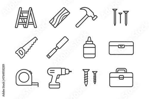 Woodworking Tool Icons. Woodworking. Line icon set of woodworking: ladder, plank, hammer, nails, saw, wood glue, chisel, level, measuring tape, drill, screws,
