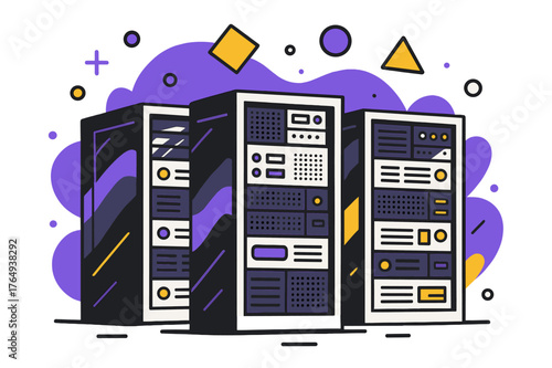 Futuristic Server Racks. Server Rack. Multiple server racks in a data center with floating abstract geometric shapes and glowing accents, modern and organized
