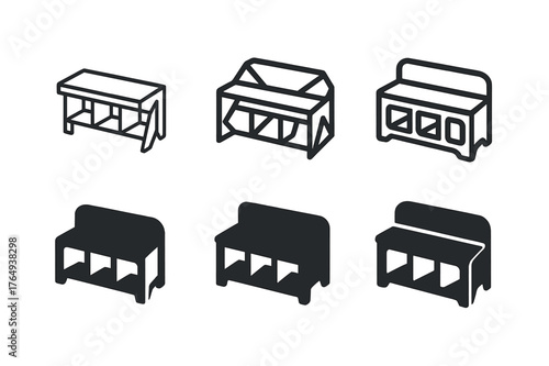 Entryway Bench Logo Variations. home storage solutions. Set Logo of home storage solutions: entryway bench with cubbies. harmonious logo variations of the same