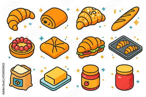 French Pastries Icons. French pastries. Colorful isometric vector icons set of French pastries: croissant, pain au chocolat, almond croissant, baguette, tart,