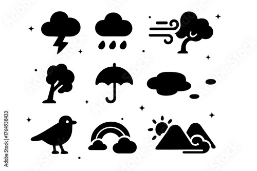 Stormy Weather Icons. Stormy Weather. Solid icons set of Stormy Weather: cloud, lightning bolt, raindrops, wind, tree, umbrella, puddle, bird, rainbow, sun,