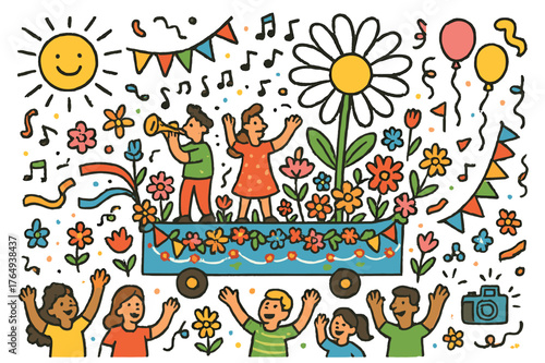 Joyful Flower Parade. Flower parade. Colorful Hand-drawn doodle Children illustration Flower parade decorated float, garlands, crowd cheering, music notes,