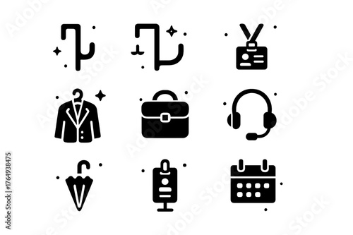 Office Hook Icons. Office coat and bag hooks. Solid icons set of Office coat and bag hooks: cubicle hook, desk side hook, conference badge lanyard, blazer,