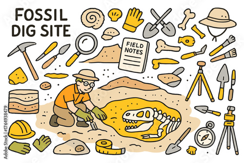Paleontologist's Illustrated Toolkit. Fossil dig site. Hand-drawn doodle illustration paleontologist (colored), dinosaur skeleton (colored), fossils (colored),