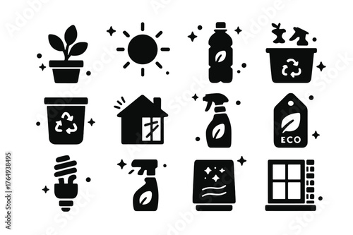 Eco-Friendly Icons Grid. Eco-Friendly Home. Solid icons set of Eco-Friendly Home: plant, sunlight, water bottle, recycling bin, natural light, compost bin,