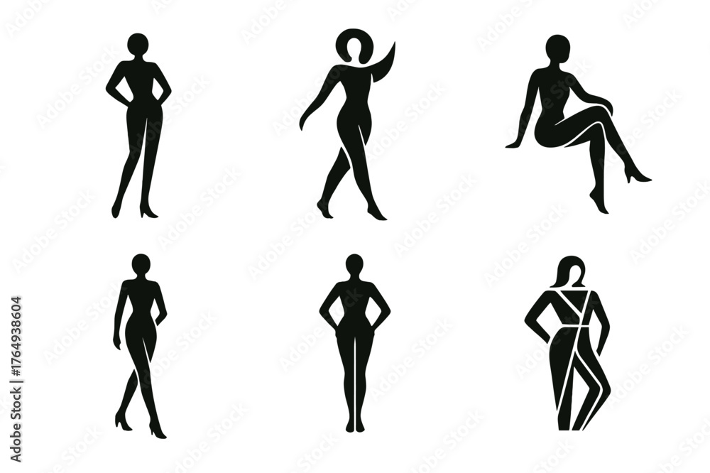 Naklejka premium Fashion Pose Logos. Model Pose. Set Logo of Fashion Pose Collection: Abstract geometric, Filled silhouette, Negative space, Flat solid, Symmetrical form,