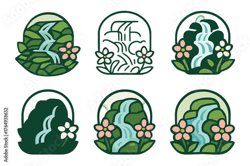 Floral Stream Logos. Stream with blooming flowers. Set Logo of Stream with blooming flowers: Mossy rock cascade framed by alpine blooms. harmonious logo