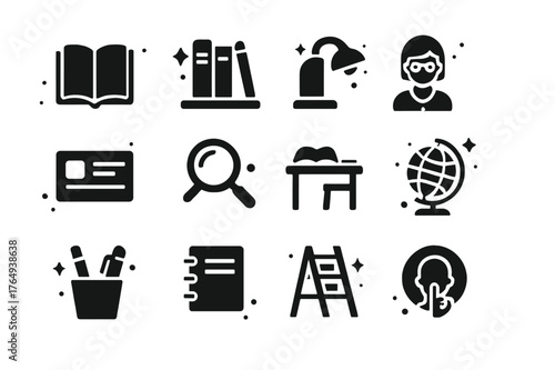 Library Icon Set. Reading at the Library. Solid icons set of Reading at the Library: open book, library shelf, desk lamp, librarian, library card, magnifying