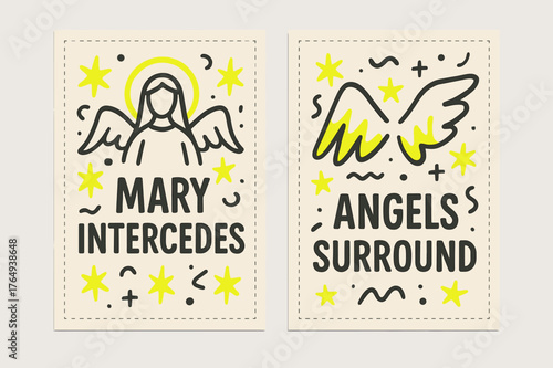 Mary and Angels. Angelic Intercession. Two vertical A6 banners with safe margins, centered composition, no elements touching edges, memphis, charcoal and neon
