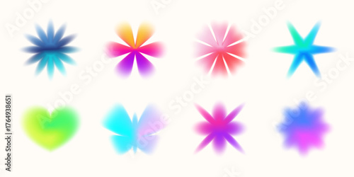 Gradient floral and butterfly shapes with dreamy Y2K aura and halftone sparkle. Soft blur, grain, and neon glow create a nostalgic futuristic mood for decorative modern design.