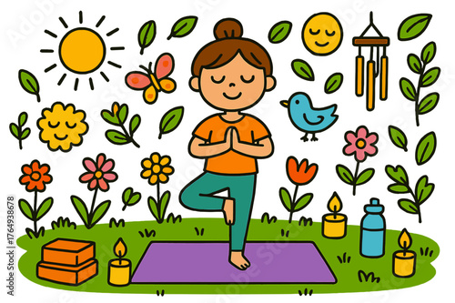 Peaceful Yoga Garden. Outdoor yoga garden. Colorful Hand-drawn doodle Children illustration Outdoor yoga garden flowers, grass, yoga mat, butterflies, candles,