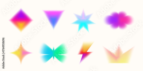 Retro Y2K inspired gradient flowers, hearts, and stars in pastel tones. Minimal geometric composition with soft blur and grain. Perfect for trendy digital art or aesthetic layouts.