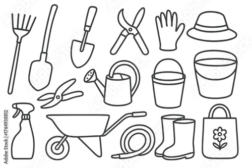 Garden Tools Doodle. Garden tools. Hand-drawn doodle illustration garden tools rake, shovel, trowel, pruning shears, gloves, watering can, bucket, spade, spray