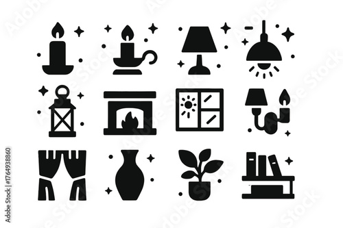 Home Lighting Icons. Candlelight and Natural Lighting in Home Decor. Solid icons set of Candlelight and Natural Lighting in Home Decor: candle, candle holder,