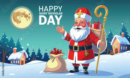 Happy Saint Nicholas day - winter scene greeting card or banner - turquoise background