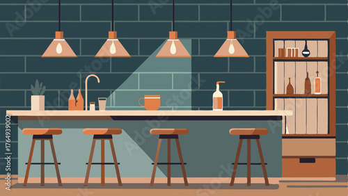 A chic bar area with a reclaimed wood bar top copper bar stools and a mirrored backsplash.