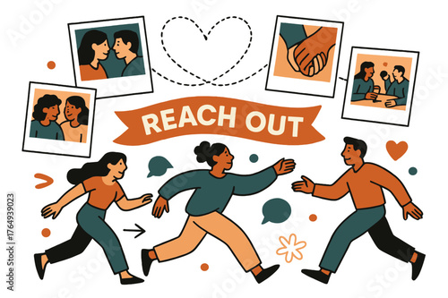 Connected Moments. Vision Board ? Relationships & Community. Polaroids show shared moments; dotted heart lines connect photos in a loop. Caption ?Reach Out?
