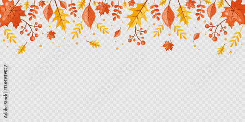 Autumn backdrop isolated on transparent background with red, orange and yellow leaves. Thanksgiving decorations. Frame with leaves. Fall decorative element. Border with foliage.Vector illustration.