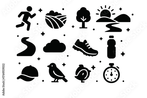 Nature Run Icons. Nature Run. Solid icons set of Nature Run: runner, field, tree, hill, path, sun, cloud, running shoes, water bottle, sports cap, bird,