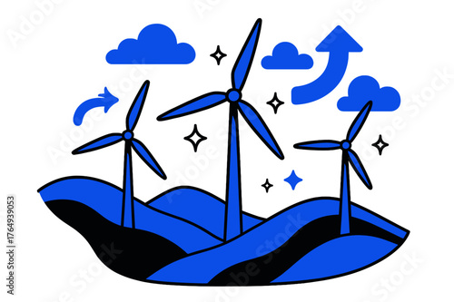 Scenic Renewable Energy. Rolling hills. Wind turbines on rolling hills with abstract floating arrows, clouds, and sparkles; conveys renewable energy,