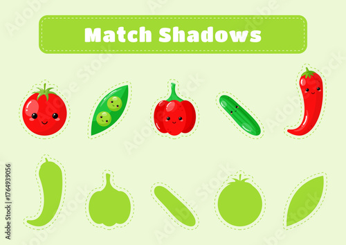 Educational game for kids match shadows. Cute veggies. Match shadows game. Educational activity worksheet.Illustration for kids books and workbooks. Logical quest for children.  Vector illustration.