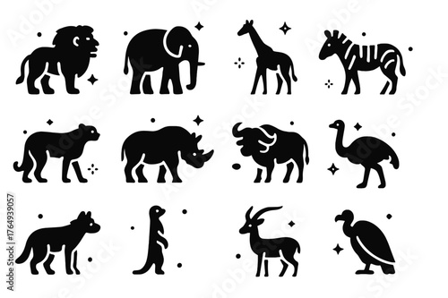Savanna Animal Icons. Savanna Animals. Solid icons set of Savanna Animals: lion, elephant, giraffe, zebra, cheetah, rhino, buffalo, ostrich, hyena, meerkat,