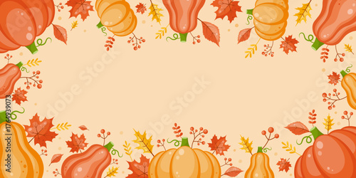 Thanksgiving isolated background with pumpkins, leaves and berries. Orange backdrop. Fall season. Autumn frame with fall elements. Thanksgiving border.Flat cartoon style. Vector illustration.
