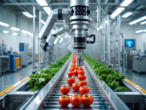 Robotic arm over a conveyor belt with tomatoes and lettuce in a factory automation industrial