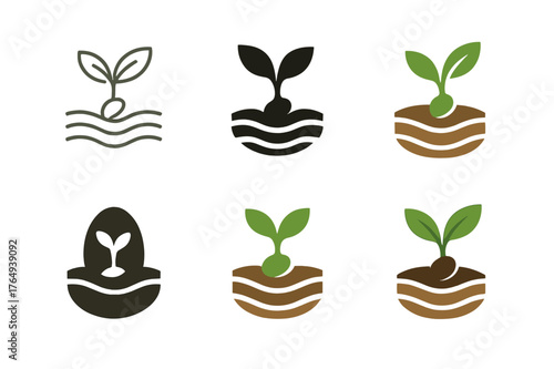 Seed Logo Variations. Agricultural innovation and food security. Set Logo of sprouting seed in soil layers: harmonious logo variations of the same emblematic