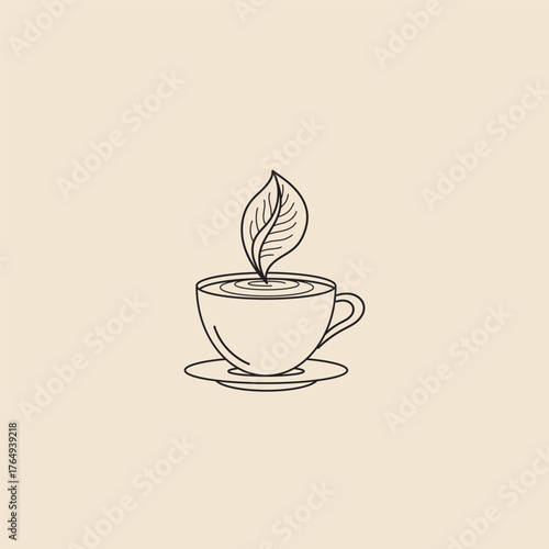 Simple line drawing of a cup of tea with a leaf in it on a saucer against a light background