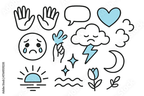 Expressive Doodle Icons. // Emotional expression. Hand-drawn doodle illustration Emotional expression [hands (accented), heart (accented), face with tears